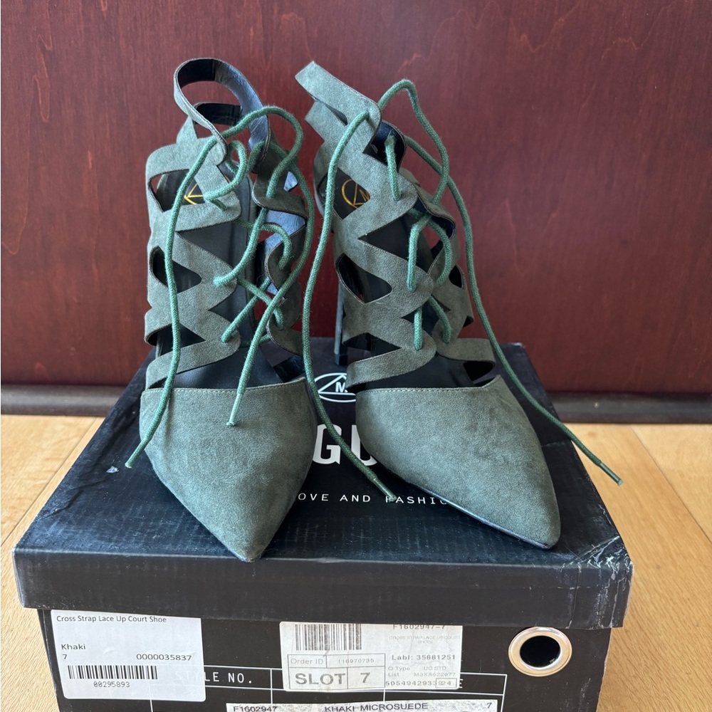 Missguided Microsuede Army Green Cross Strap Lace Up Court Heels Size 9